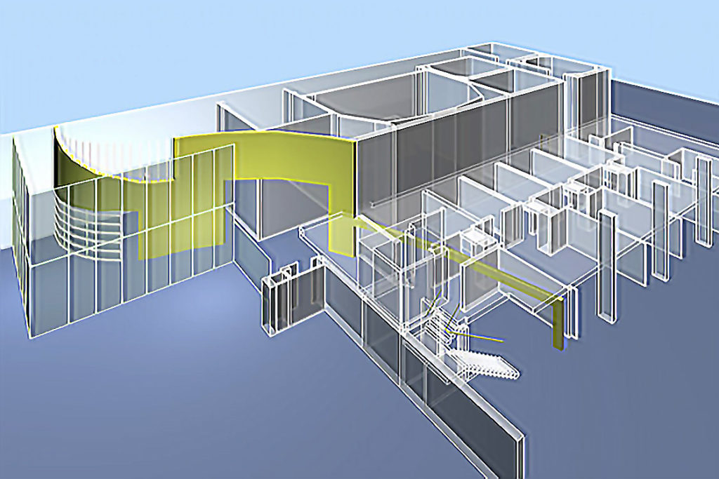 The predominant design feature of the double height first floor space is a continuous yellow green serpentine wall dividing public and lounge spaces from instructional areas.